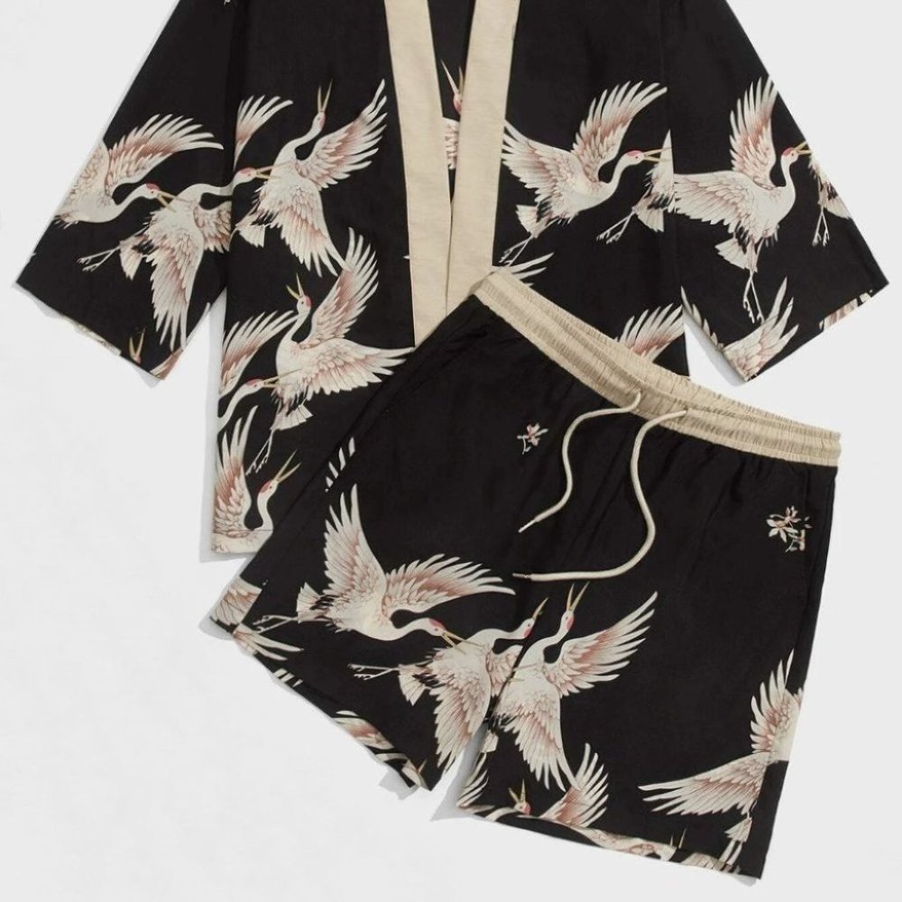Casual Men's Crane Print Shirt & Set - Picture 3 of 6